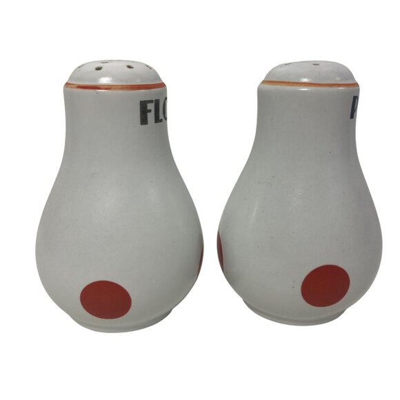 Vintage Hall China Pepper Flour Shaker Red Dot White Ceramic Mid Century Modern - Picture 2 of 7